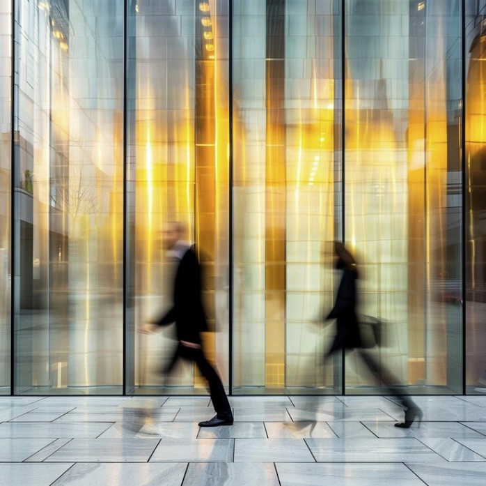 Two people walking past a glass office facade at golden hour