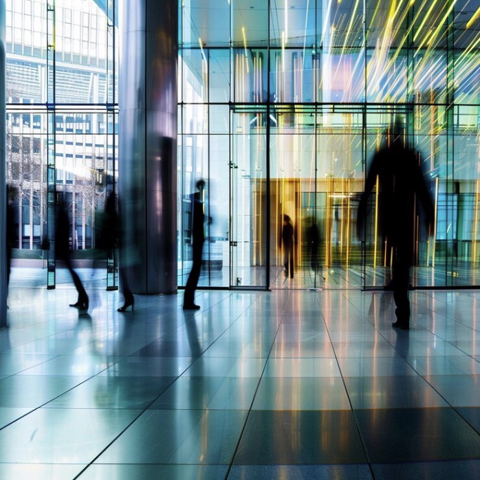 Commuters moving through a glass office lobby
